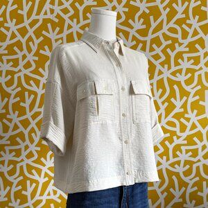 Worthington Cream Safari Boxy Button Down Short Sleeve Textured Blouse - M/L